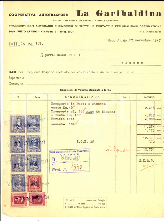 1947 BUSTO ARSIZIO (VA) Cooperativa Autotrasporti LA GARIBALDINA *Fattura 