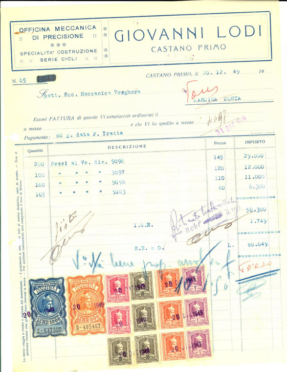 1949 CASTANO PRIMO Officina meccanica Giovanni LODI *Fattura con bolli