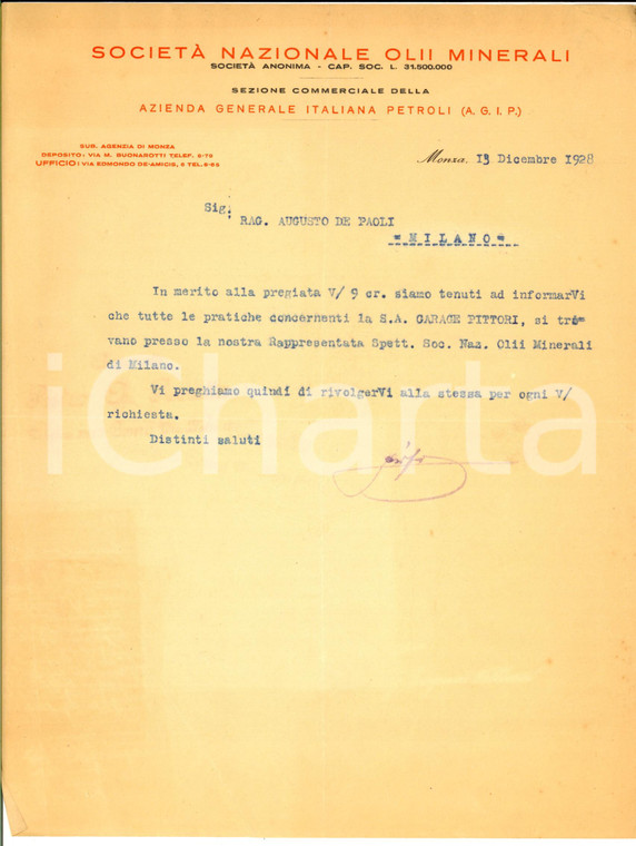 1928 MONZA Società Nazionale Olii Minerali - AGIP - Lettera commerciale