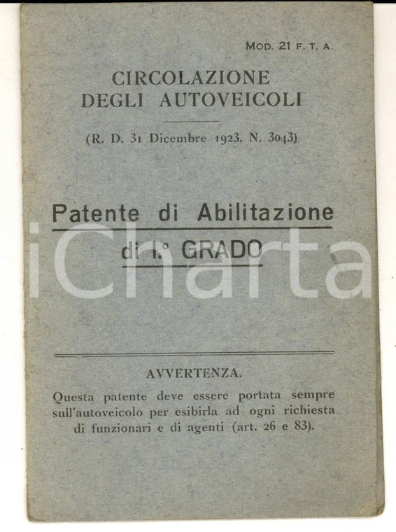 1925 SAGLIANO MICCA (BI) Patente di Osvaldo FORNARA abilitazione i° grado