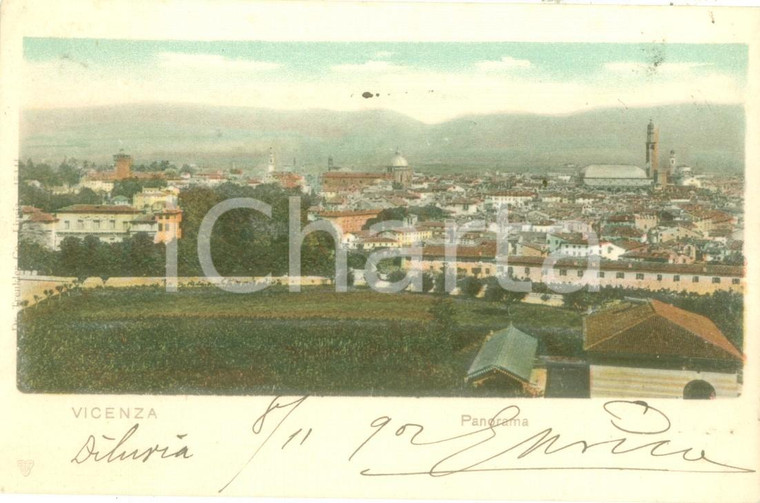 1908 VICENZA Panorama dall'alto Cartolina ILLUSTRATA FP VG