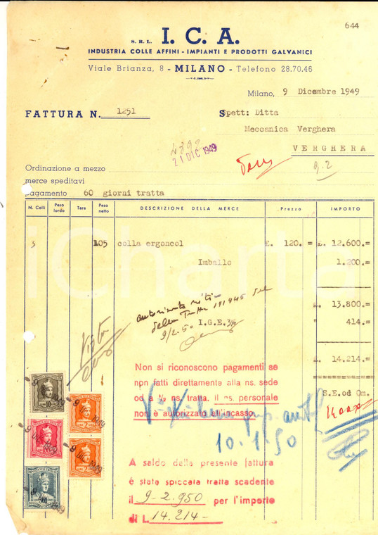 1949 MILANO Ditta I.C.A. Industria Colle Affini - Fattura intestata con bolli