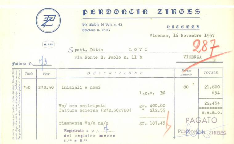 1957 VICENZA Oreficeria PERDONCIN ZIRGES *Fattura commerciale