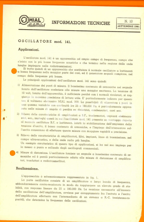 1941 MILANO Ditta MIAL - Oscillatore mod. 141 *Volantino tecnico