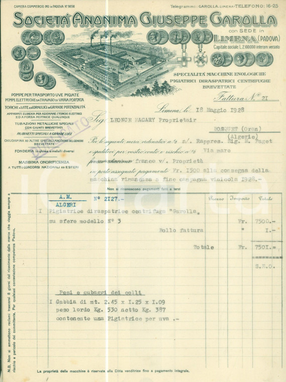 1928 LIMENA (PD) Società Anonima Giuseppe GAROLLA Macchine enologiche Fattura