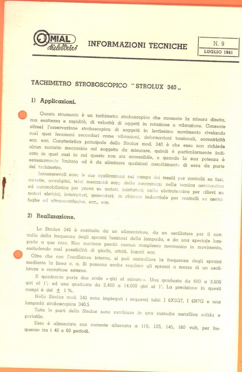 1941 MILANO Ditta MIAL Tachimetro stroboscopico STROLUX 340 *Volantino tecnico