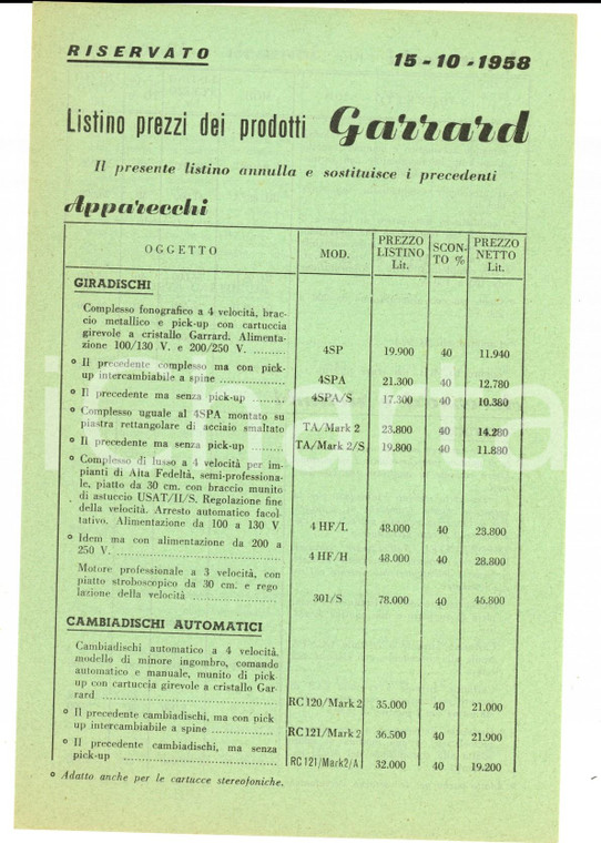 1958 SWINDON (UK) Ditta GARRARD Listino prezzi per giradischi e accessori