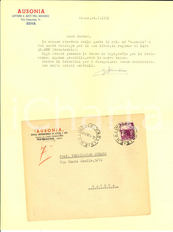 1951 SIENA AUSONIA Luigi FIORENTINO rilascia ricevuta per abbonamento a rivista