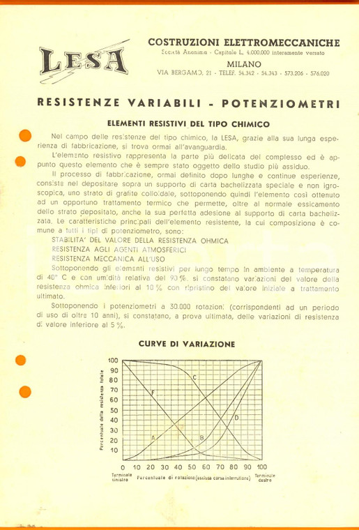 1950 ca MILANO Ditta LESA - Resistenze variabili e potenziometri *Opuscolo 
