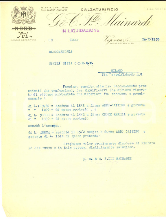 1953 VIGEVANO (PV) Calzaturificio F.lli MAINARDI - Lettera commerciale