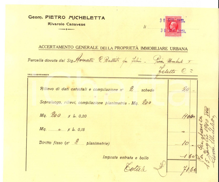 1940 RIVAROLO CANAVESE (TO) Parcella geometra Pietro MICHELETTA  - bollo