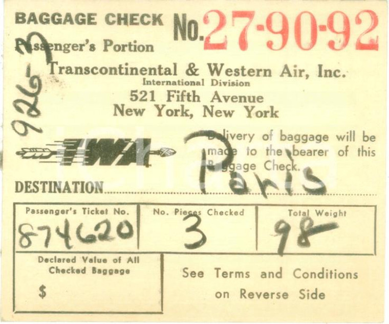 1949 TRANSCONTINENTAL & WESTERN AIR Baggage check *Etichetta per bagagli