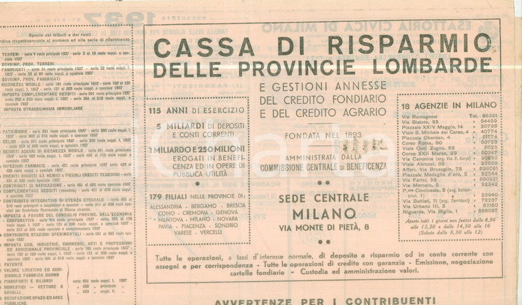 1937 MILANO Cassa Risparmio Provincie Lombarde Cartella dei pagamenti