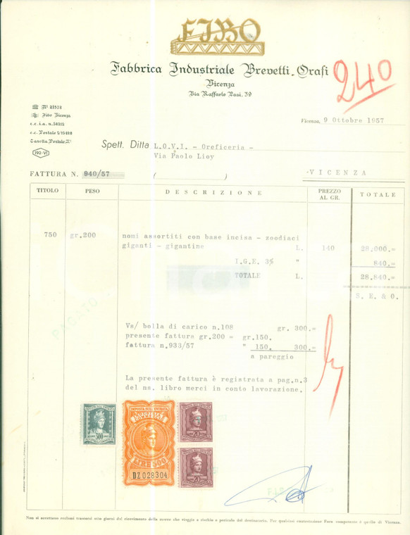 1957 VICENZA Fabbrica Industriale Brevetti Orafi FIBO *Fattura commerciale