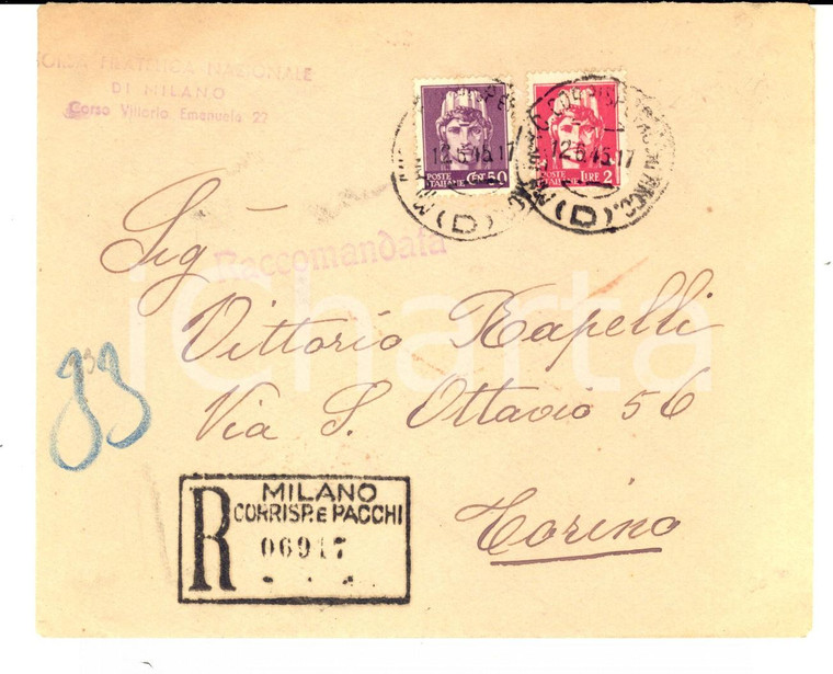 1945 STORIA POSTALE MILANO Busta affrancatura mista RSI + Turrita senza fasci