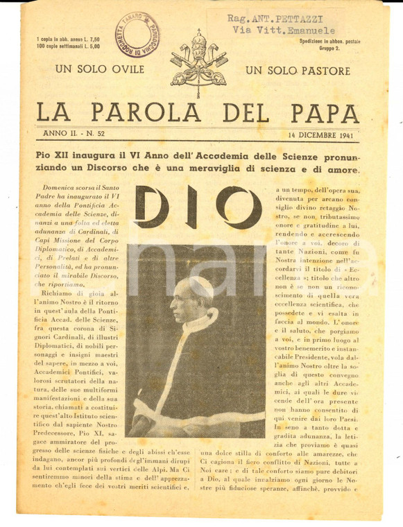 1941 LA PAROLA DEL PAPA Il Papa all'Accademia delle Scienze *Anno II n°52