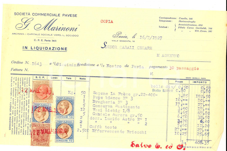 1927 PAVIA Società Commerciale G. MARINONI *Fattura intestata con bolli
