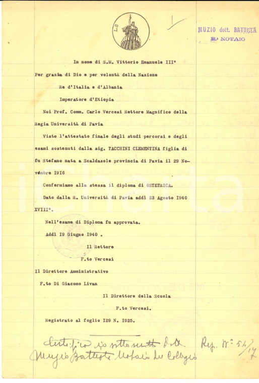1940 Regia Università PAVIA Certificato Clementina TACCHINI Diploma di ostetrica