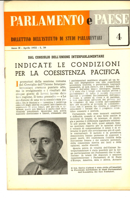 1955 PARLAMENTO E PAESE Sen. Enrico CARBONI presidente ISP *Anno II n°4