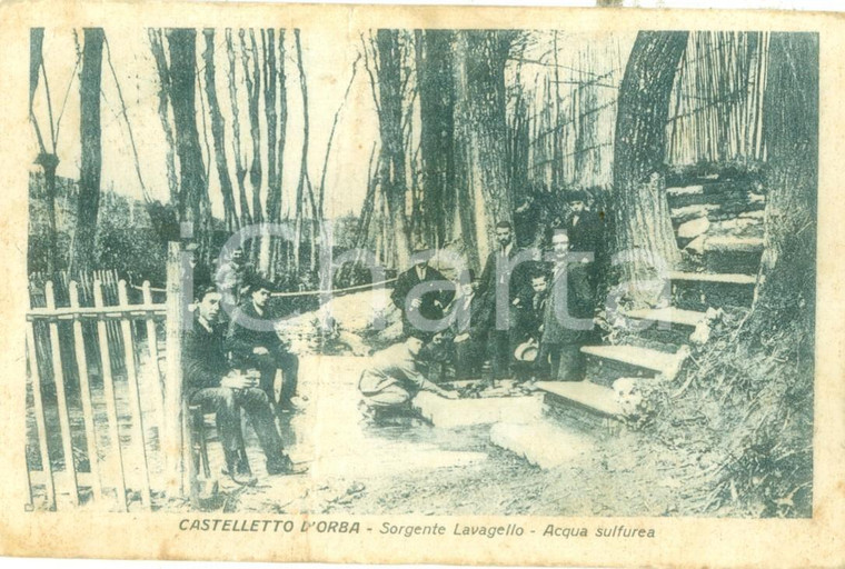 1924 CASTELLETTO D'ORBA (AL) Sorgente LAVAGELLO Cartolina ANIMATA DANNEGGIATA FP