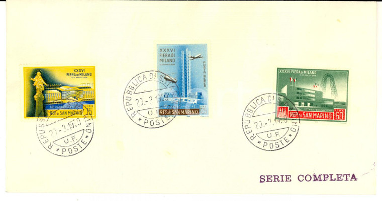 1959 REPUBBLICA SAN MARINO - XXVI Fiera di MILANO *Busta serie completa