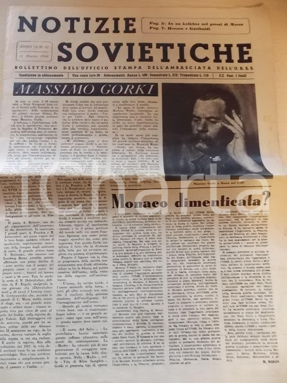 1948 NOTIZIE SOVIETICHE Ricordo di Massimo GORKI *Anno III n° 42