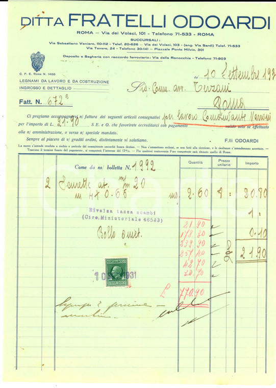 1931 ROMA Ditta FRATELLI ODOARDI Legnami da lavoro *Fattura intestata 