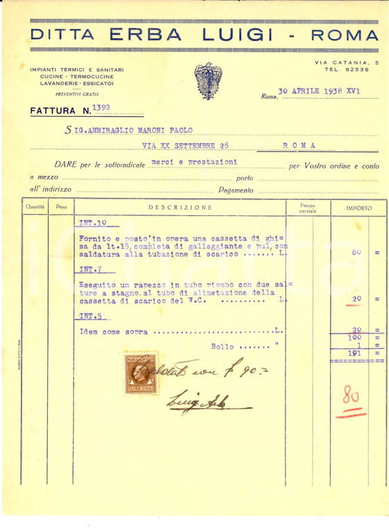 1938 ROMA Ditta Luigi ERBA Impianti termici e sanitari *Fattura intestata 