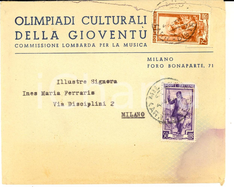 1950 ca MILANO Olimpiadi Culturali della Gioventù *Busta ITALIA AL LAVORO