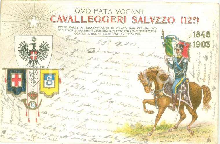 1910 12° CAVALLEGGERI SALUZZO Cartolina reggimentale ILLUSTRATA FP VG