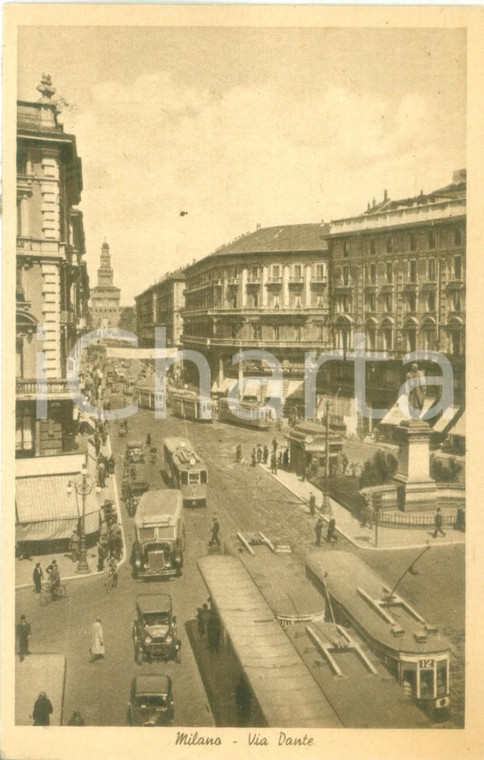 1935 ca MILANO Sfilata di tram e automobili in Via DANTE *Cartolina FP NV