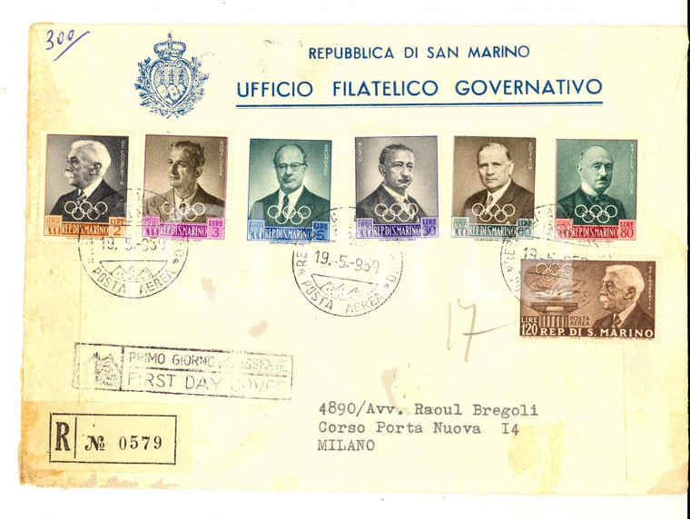 1959 REPUBBLICA SAN MARINO Busta PRIMO GIORNO OLIMPIADI *FDC