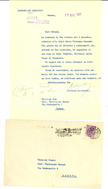 1957 ROMA Roberto LUCIFREDI segnala caso al direttore della Cassa di Risparmio