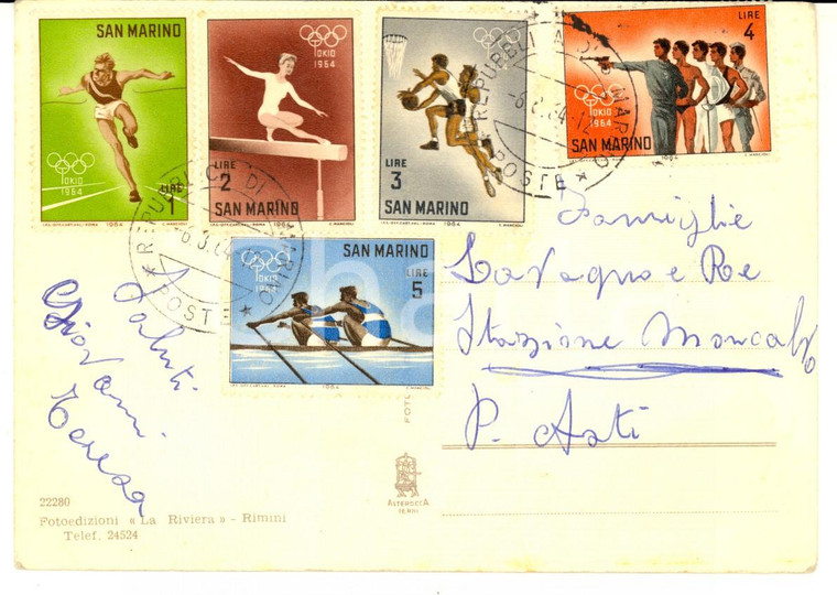 1964 STORIA POSTALE SAN MARINO Cartolina SPORT OLIMPIADI vari valori