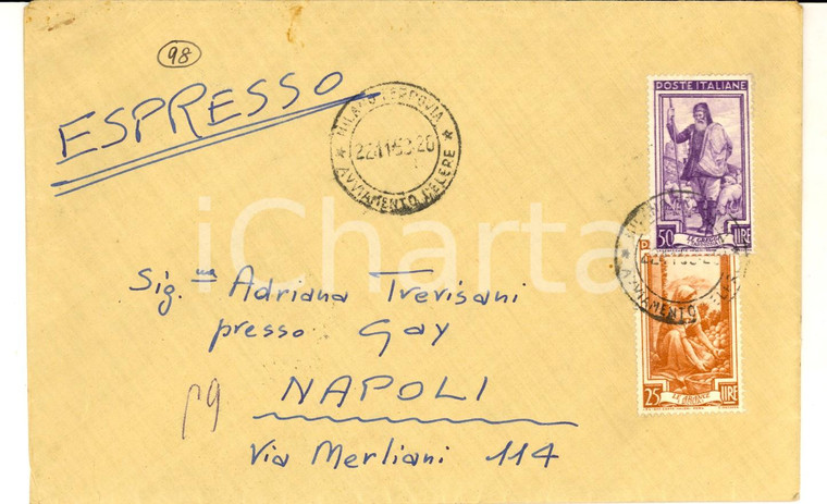 1953 STORIA POSTALE REPUBBLICA Busta affrancata ITALIA AL LAVORO L. 50 + L. 25