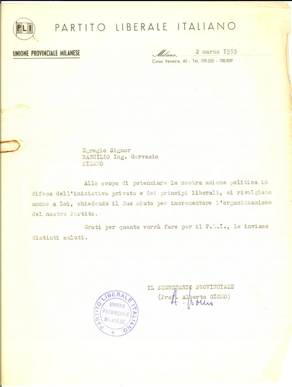 1959 MILANO PARTITO LIBERALE Lettera on. Alberto GIOMO per contributo *AUTOGRAFO