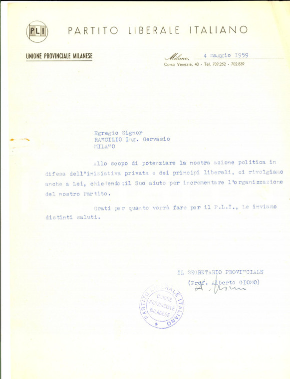 1959 MILANO PARTITO LIBERALE Alberto GIOMO chiede contributo *AUTOGRAFO