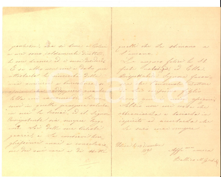 1890 UDINE Lettera augurale di Maria Gertrude BALLICO alla famiglia BORGHETTI