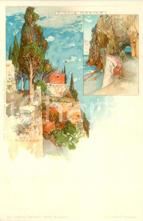 1900 ca FINALE LIGURE Illustrazione FINALE MARINA di Manuel WIELANDT *Cartolina