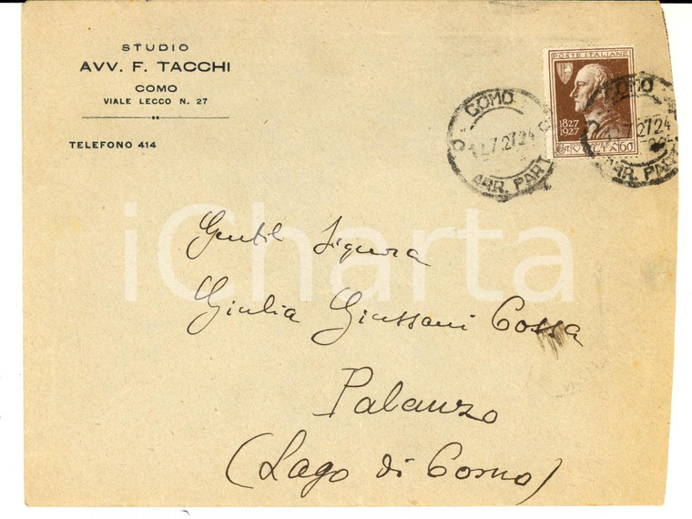 1927 STORIA POSTALE COMO Busta avv. TACCHI *Onoranze a Volta 60 cent. isolato