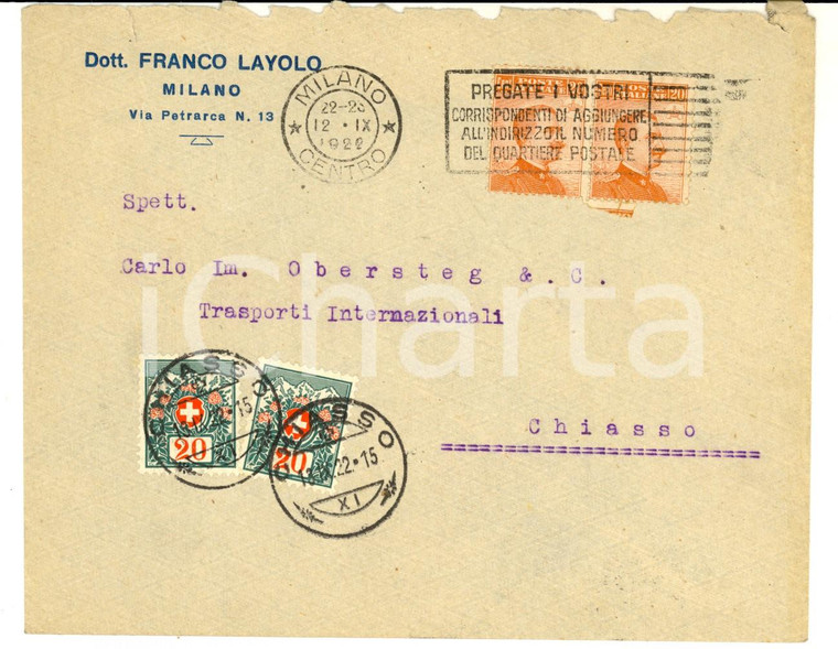 1922 STORIA POSTALE MILANO Busta Franco LAYOLO *Viaggiata CHIASSO coppia 20 cent