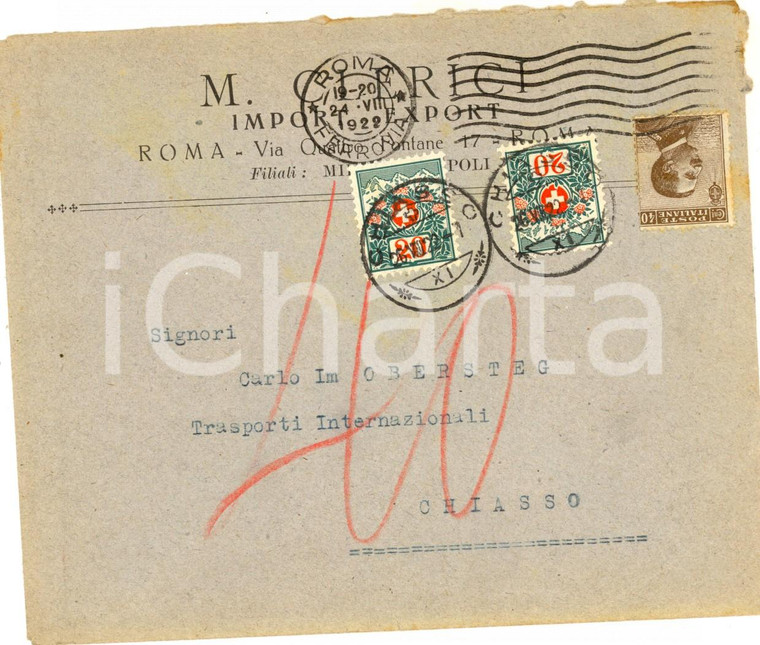 1922 STORIA POSTALE ROMA Busta CLERICI import *Viaggiata CHIASSO 20 + 40 cent.