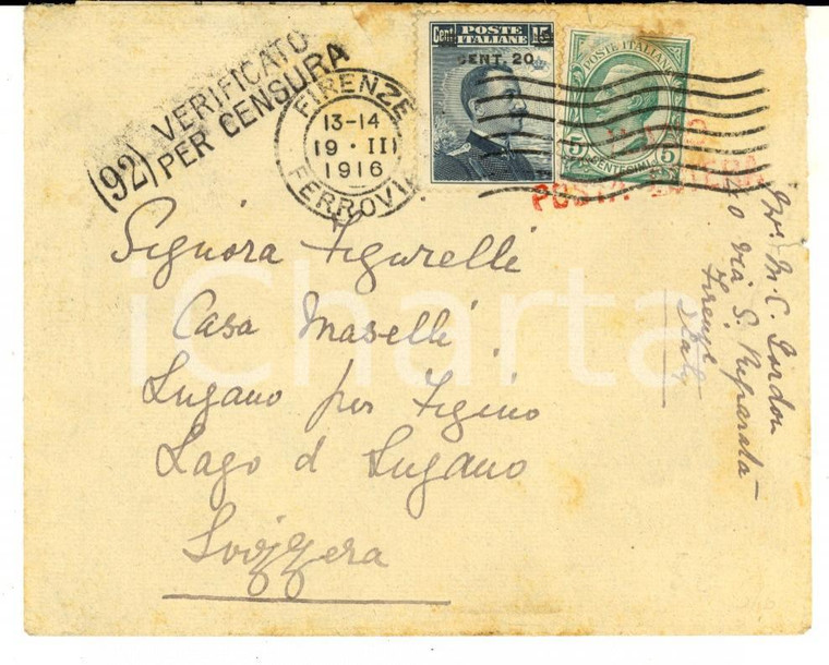 1916 STORIA POSTALE Busta Leoni cent. 5 + Michetti sovrastampa cent. 20 CENSURA