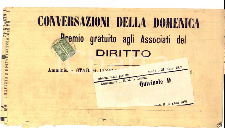 1889 STORIA POSTALE Fascetta CONVERSAZIONI DELLA DOMENICA orario treni TORINO