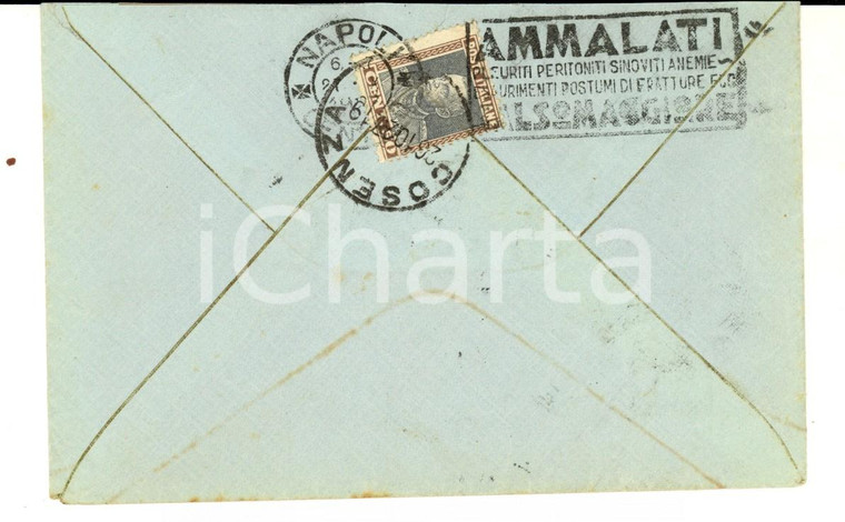 1927 STORIA POSTALE COSENZA Busta affrancata 90 cent.  Timbro malati peritoniti