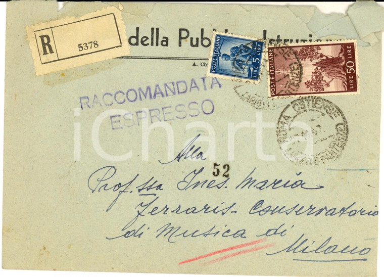 1947 STORIA POSTALE  REPUBBLICA Affrancatura mista Lire 5 + L. 50 raccomandata