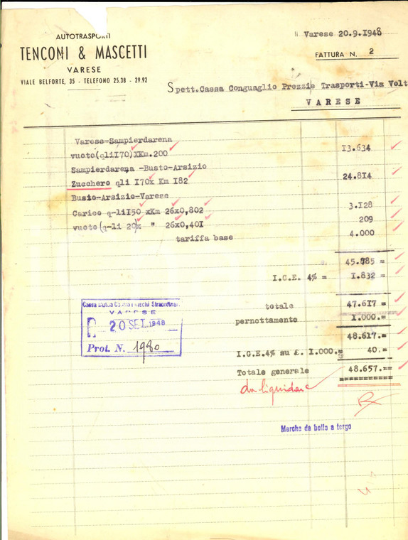 1948 VARESE Autotrasporti TENCONI & MASCETTI *Fattura intestata DANNEGGIATA