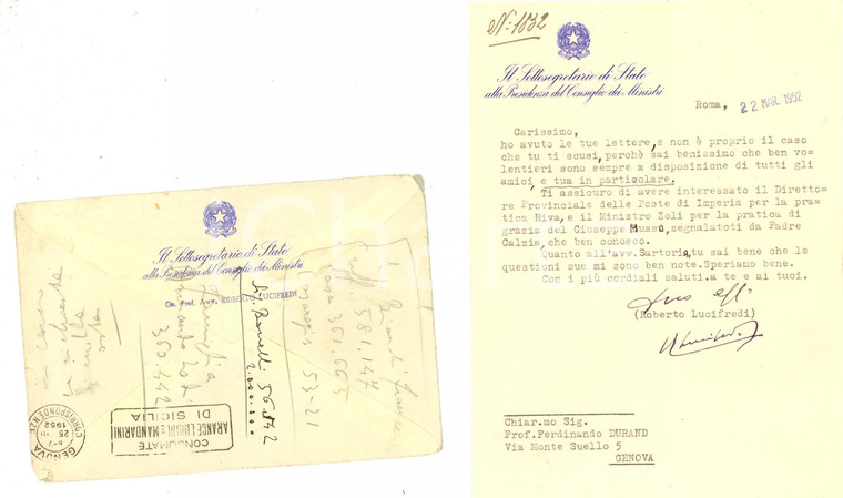 1952 ROMA Roberto LUCIFREDI raccomanda persona al ministro ZOLI *Autografo