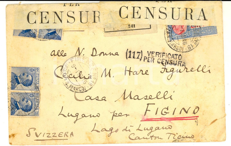 1916 STORIA POSTALE LUGANO Busta affrancata Michetti cent. 25 + espresso CENSURA