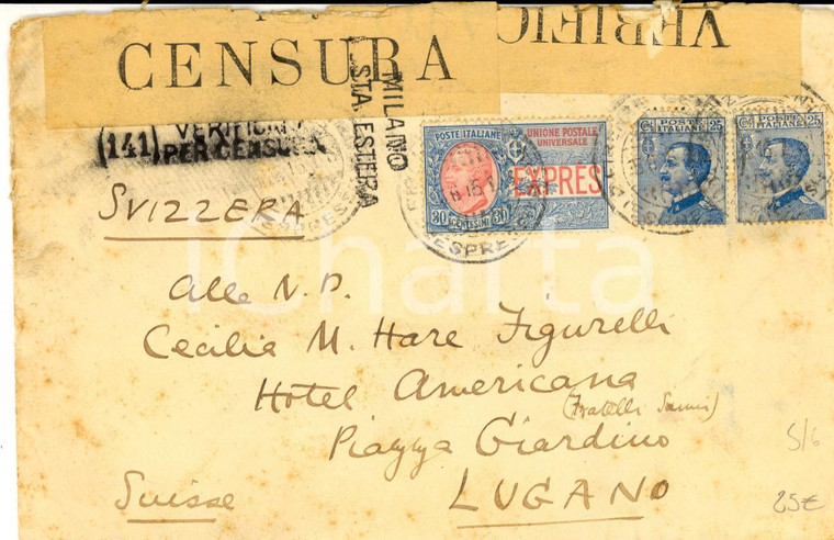 1916 STORIA POSTALE LUGANO Busta Michetti cent. 25 + espresso 30 cent. CENSURA